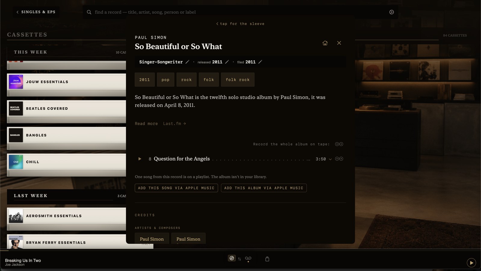 one song from this record is on a playlist · the album isn't in your library